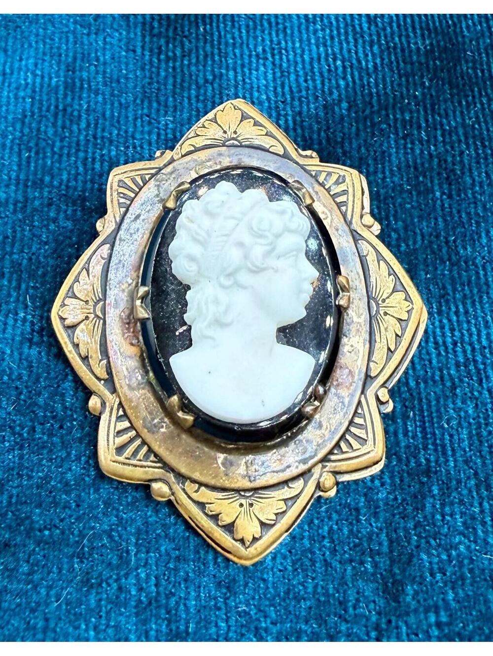 1920s Cameo Brooch: Ivory Profile on Black Glass, Antique Brass Filigree Pin